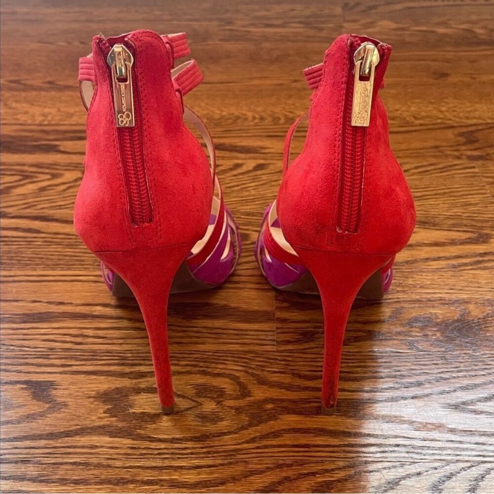 Jessica Simpson Strappy Rainah Red and Purple Faux Suede Heels Size 9.5 - Picture 4 of 11